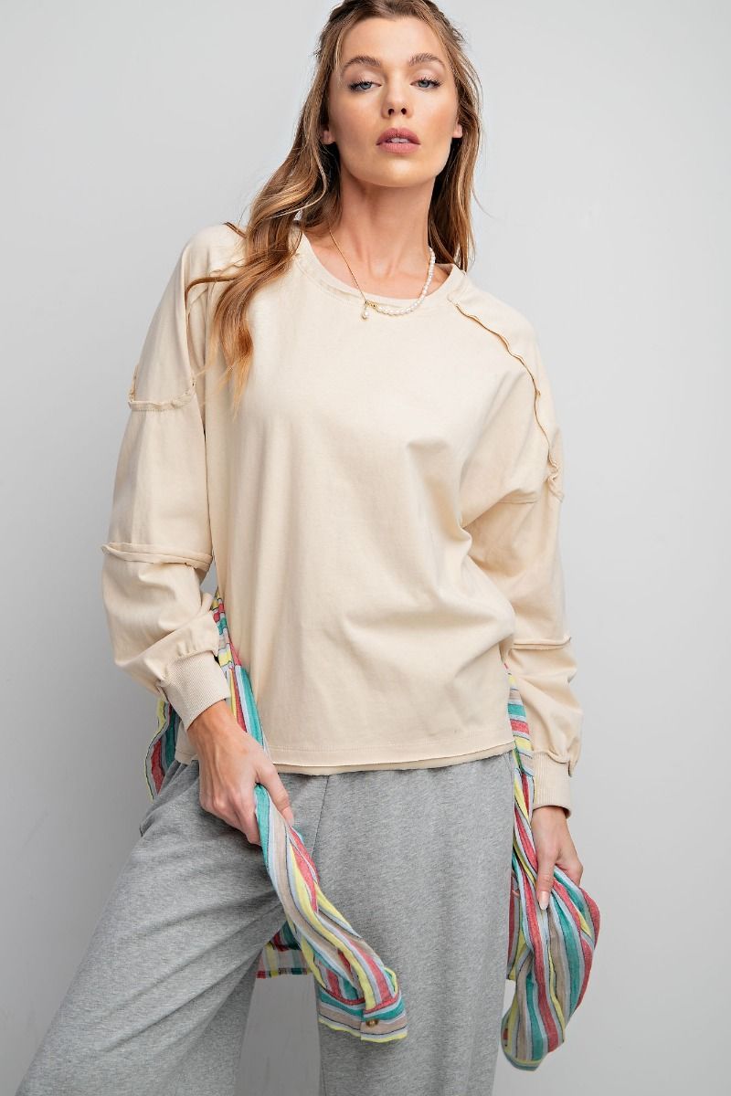 Easel Exposed Seaming Cotton Jersey Side Slits Banded Edges Boxy Top - Roulhac Fashion Boutique