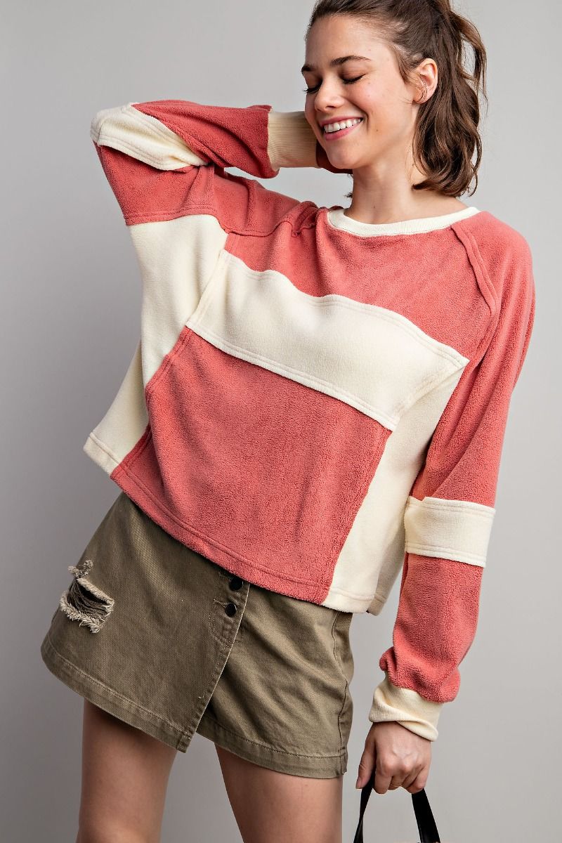 Easel Fleece Color Blocked Design Cropped Rounded Neck Pullover - Roulhac Fashion Boutique