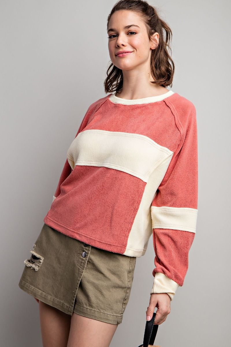 Easel Fleece Color Blocked Design Cropped Rounded Neck Pullover - Roulhac Fashion Boutique
