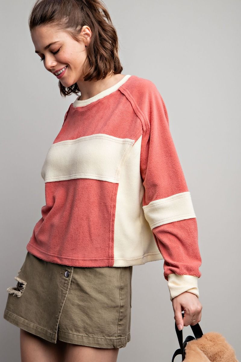Easel Fleece Color Blocked Design Cropped Rounded Neck Pullover - Roulhac Fashion Boutique
