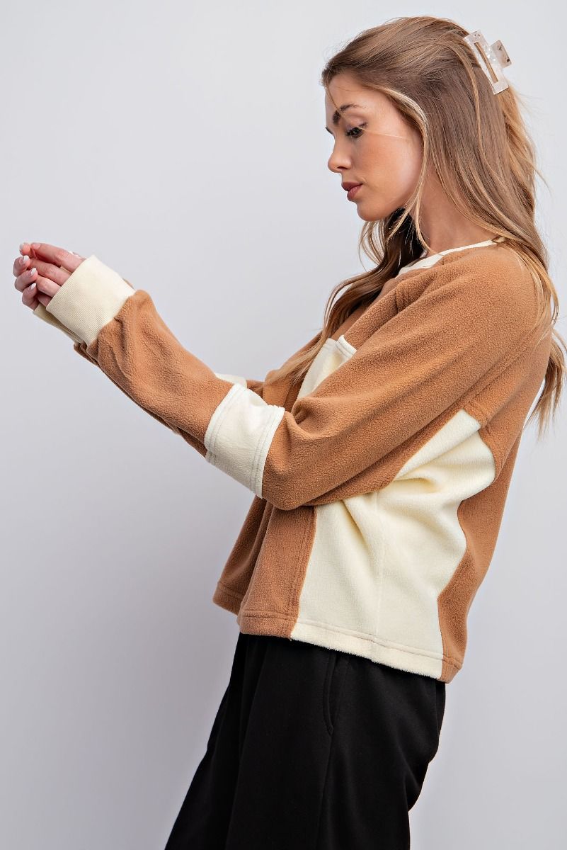Easel Fleece Color Blocked Design Cropped Rounded Neck Pullover - Roulhac Fashion Boutique