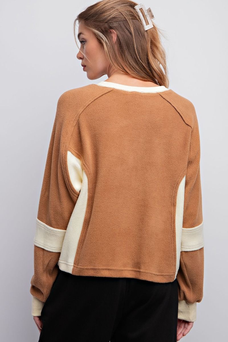 Easel Fleece Color Blocked Design Cropped Rounded Neck Pullover - Roulhac Fashion Boutique