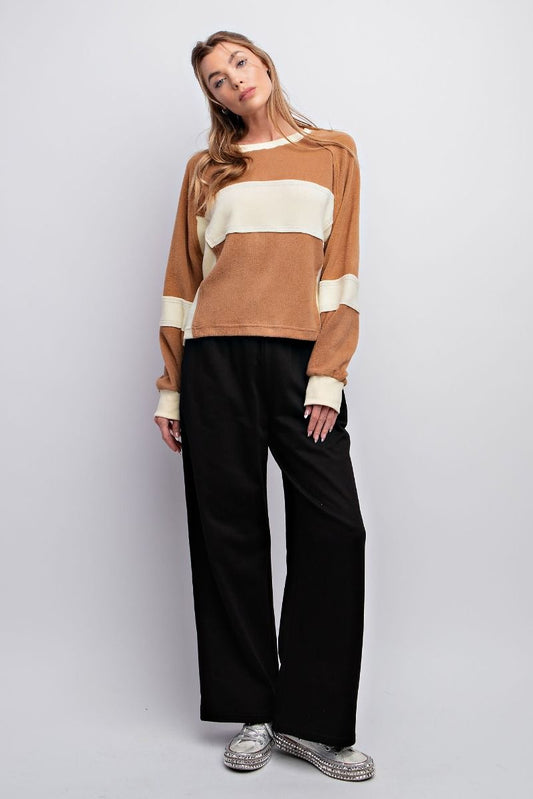 Easel Fleece Color Blocked Design Cropped Rounded Neck Pullover - Roulhac Fashion Boutique