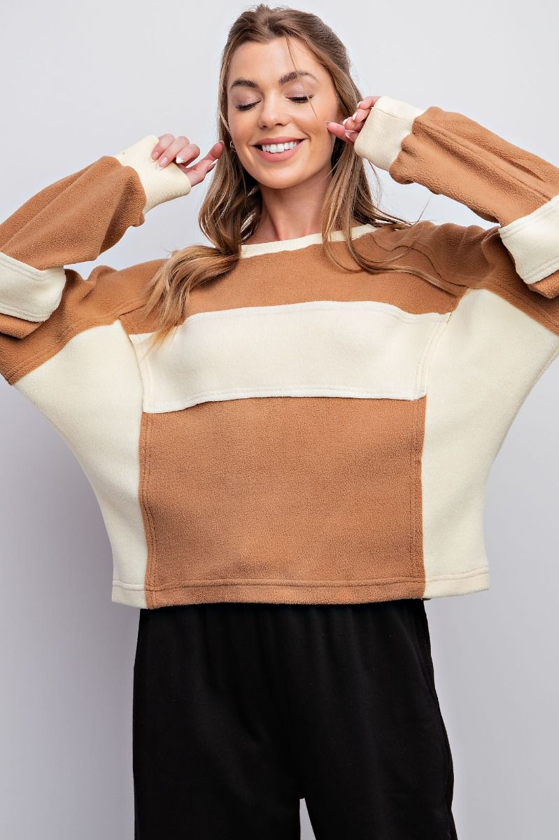 Easel Fleece Color Blocked Design Cropped Rounded Neck Pullover - Roulhac Fashion Boutique