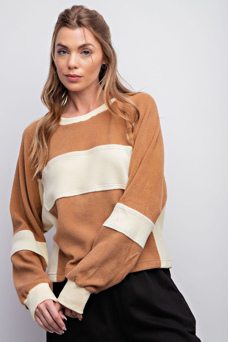 Easel Fleece Color Blocked Design Cropped Rounded Neck Pullover - Roulhac Fashion Boutique