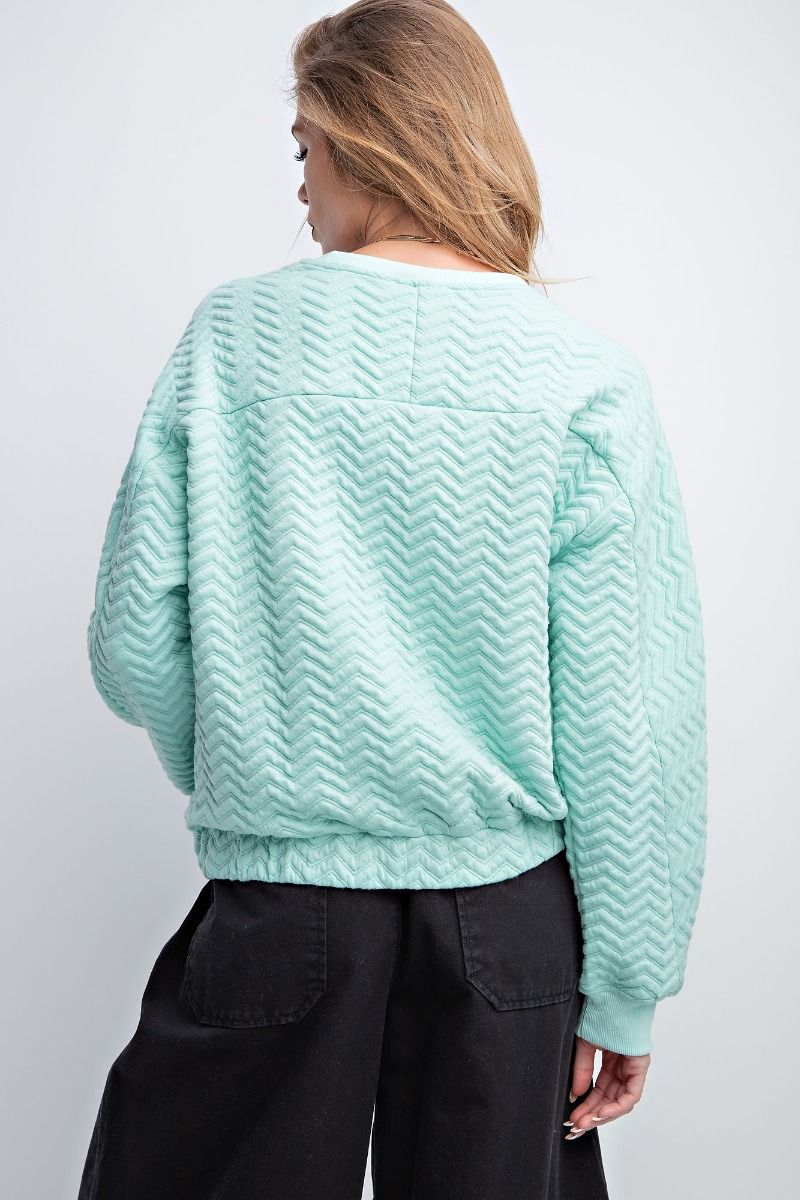 Easel Chevron Textured Crew Neck Banded Cuffs Loose Fit Pullover Top - Roulhac Fashion Boutique