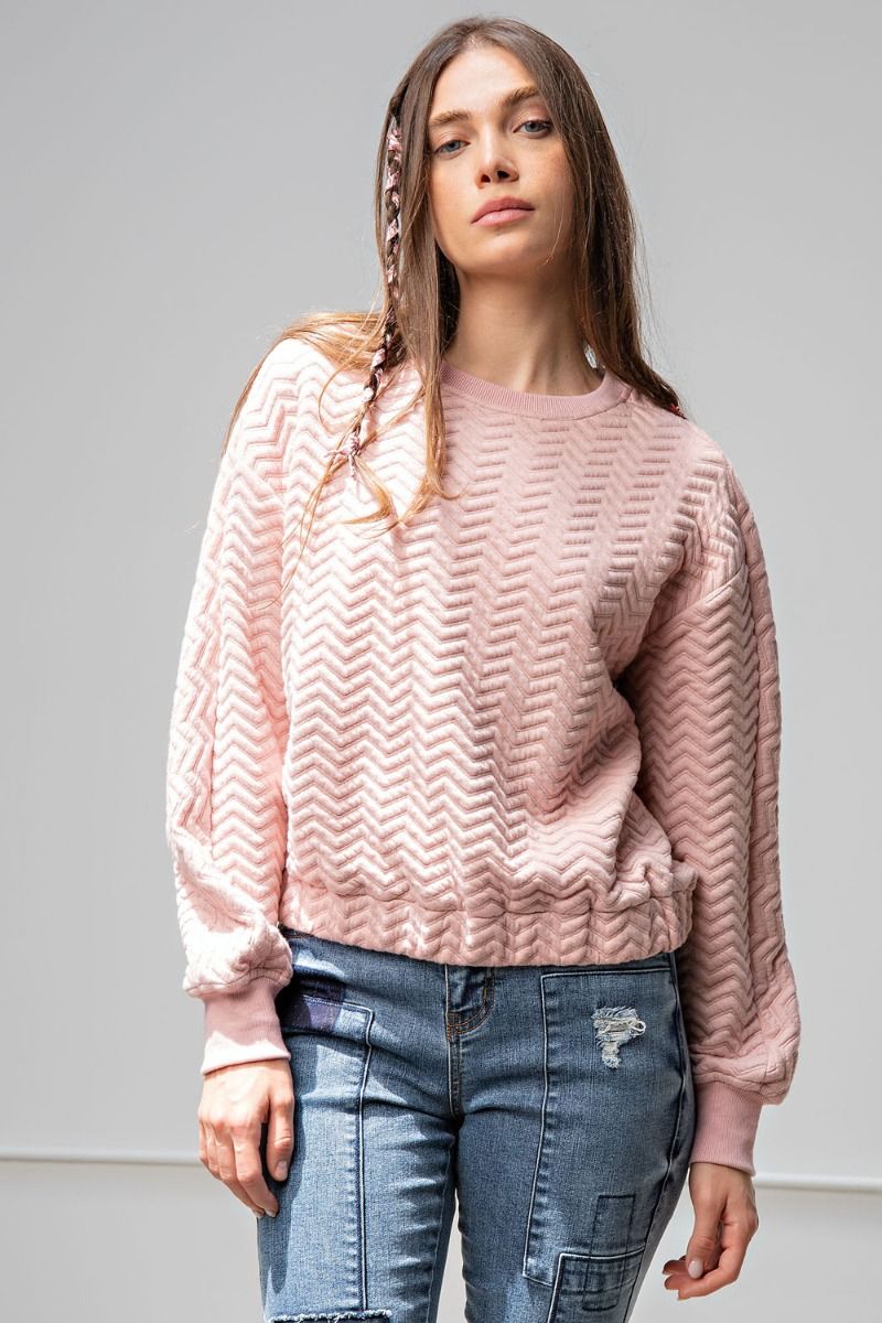 Easel Chevron Textured Crew Neck Banded Cuffs Loose Fit Pullover Top - Roulhac Fashion Boutique