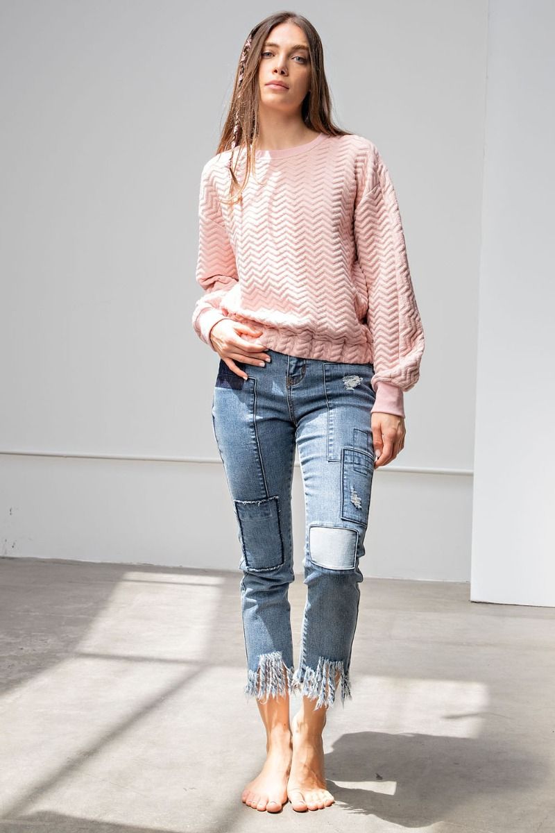 Easel Chevron Textured Crew Neck Banded Cuffs Loose Fit Pullover Top - Roulhac Fashion Boutique