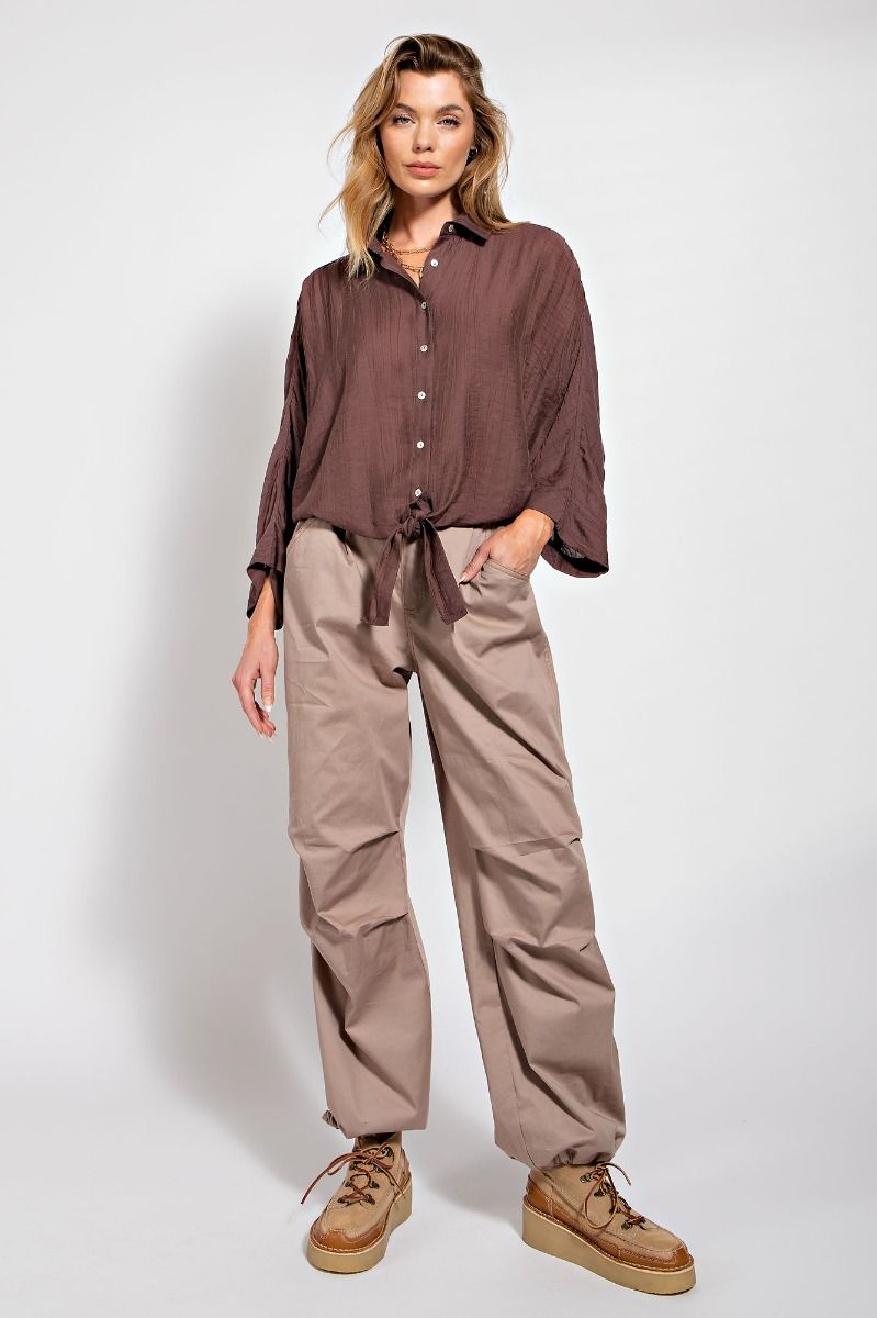 Easel Crinkled Collared Neck 3/4 Wide Sleeves Ruched Button Down Shirt - Roulhac Fashion Boutique