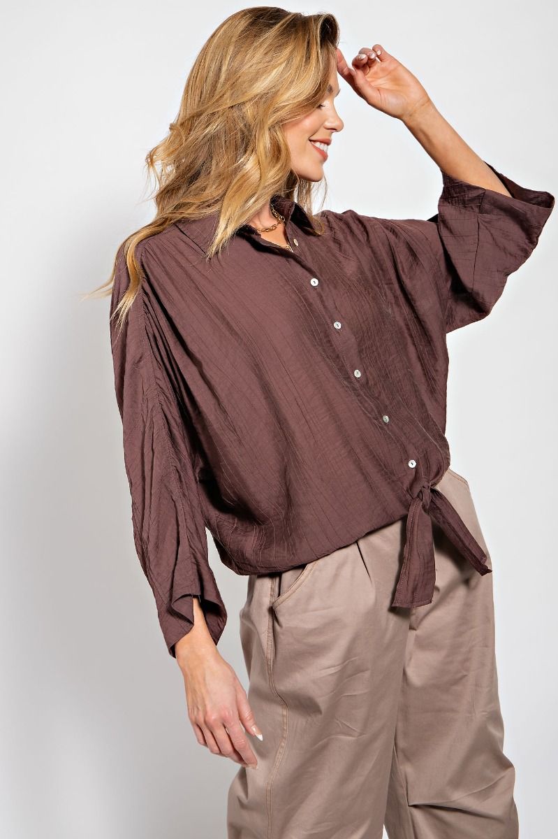 Easel Crinkled Collared Neck 3/4 Wide Sleeves Ruched Button Down Shirt - Roulhac Fashion Boutique