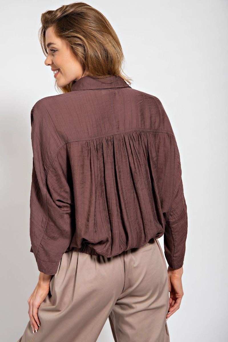 Easel Crinkled Collared Neck 3/4 Wide Sleeves Ruched Button Down Shirt
