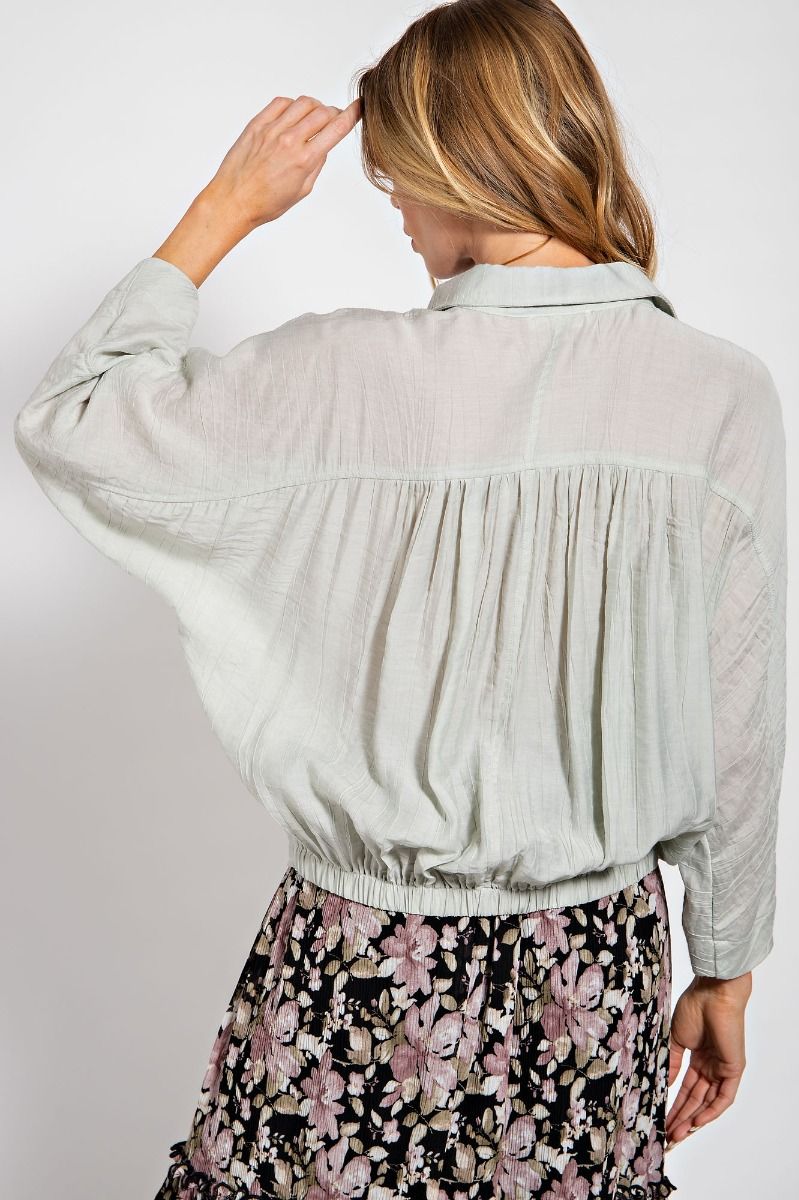 Easel Crinkled Collared Neck 3/4 Wide Sleeves Ruched Button Down Shirt