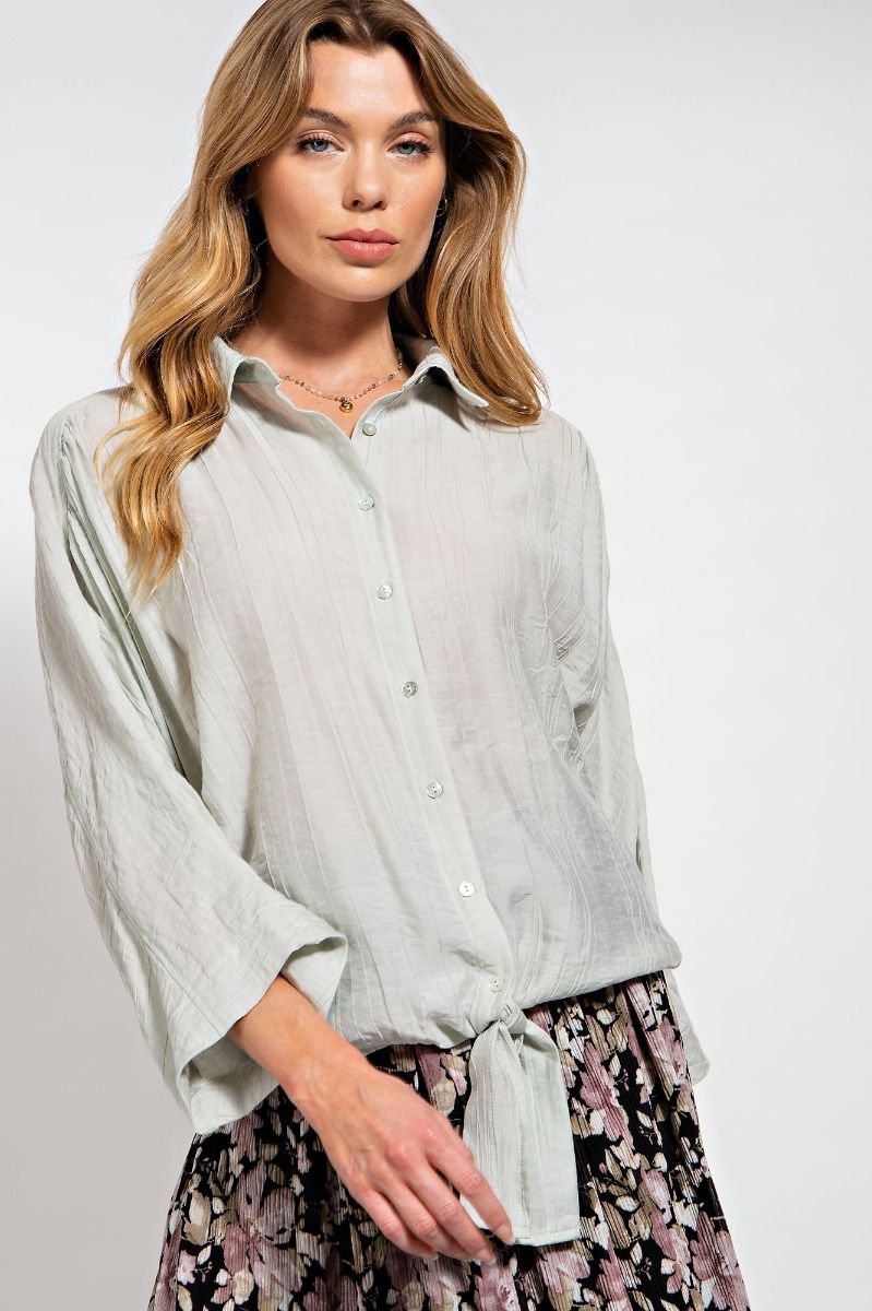Easel Crinkled Collared Neck 3/4 Wide Sleeves Ruched Button Down Shirt