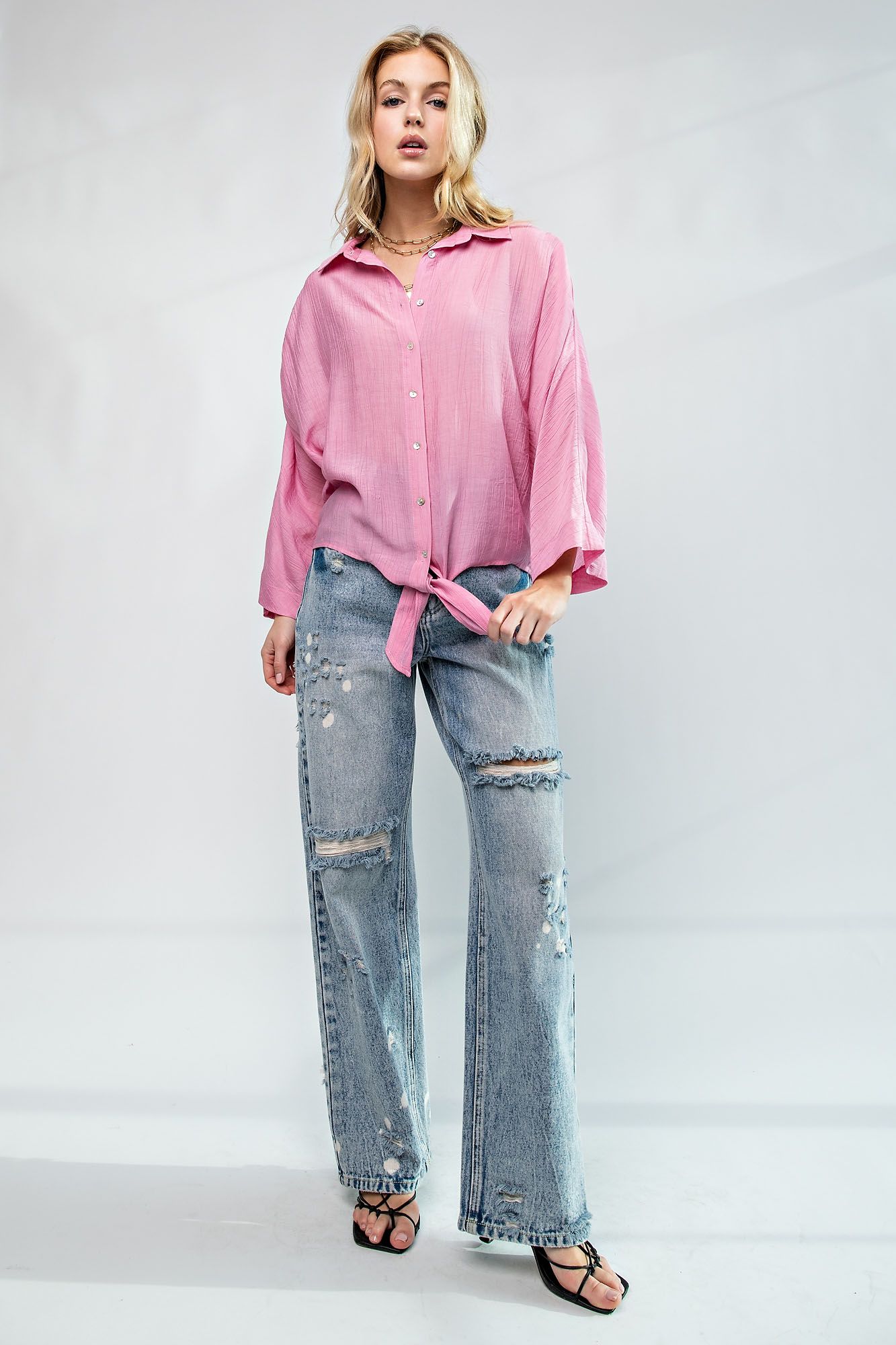 Easel Crinkled Collared Neck 3/4 Wide Sleeves Ruched Button Down Shirt