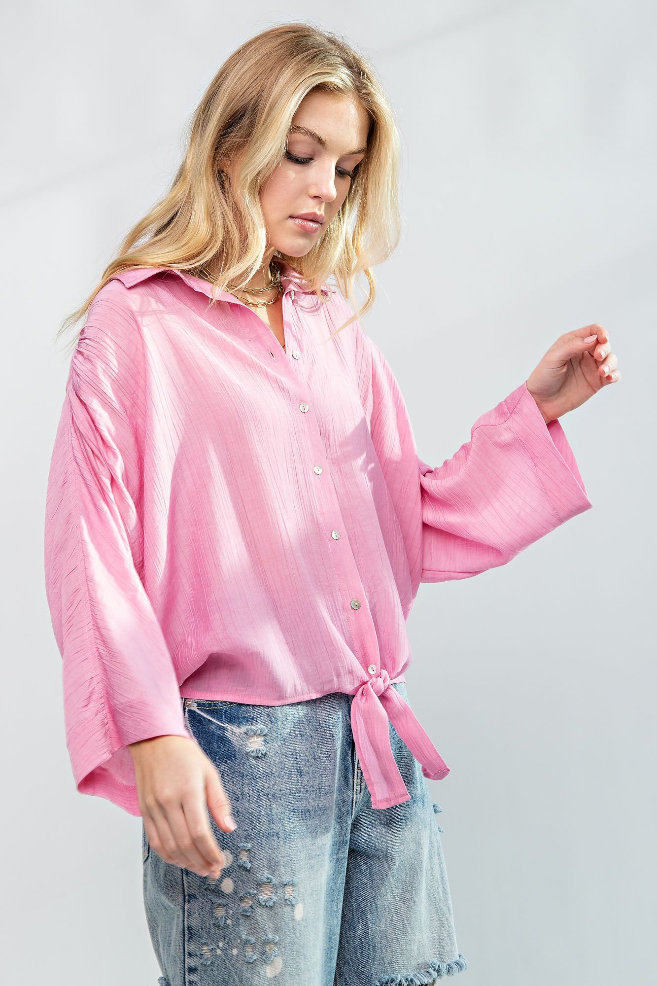 Easel Crinkled Collared Neck 3/4 Wide Sleeves Ruched Button Down Shirt