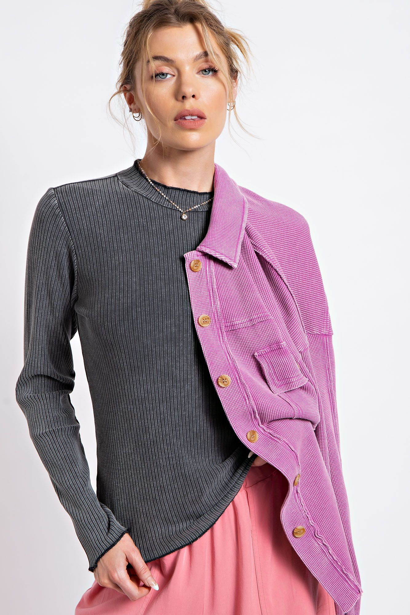 Easel Mineral Washed Rib Knit Mock Neck Lettuce Trim Edge Fitted Slim Top - Roulhac Fashion Boutique