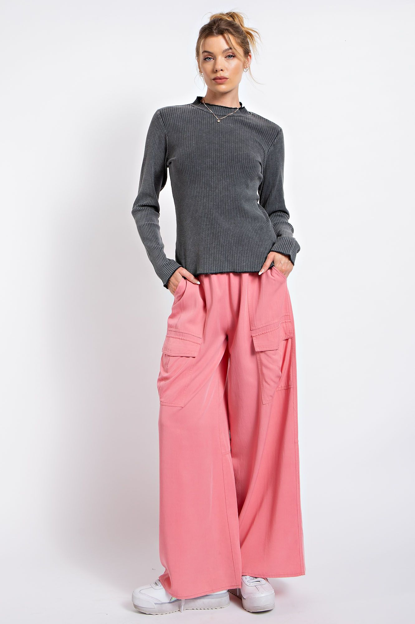 Easel Mineral Washed Rib Knit Mock Neck Lettuce Trim Edge Fitted Slim Top - Roulhac Fashion Boutique