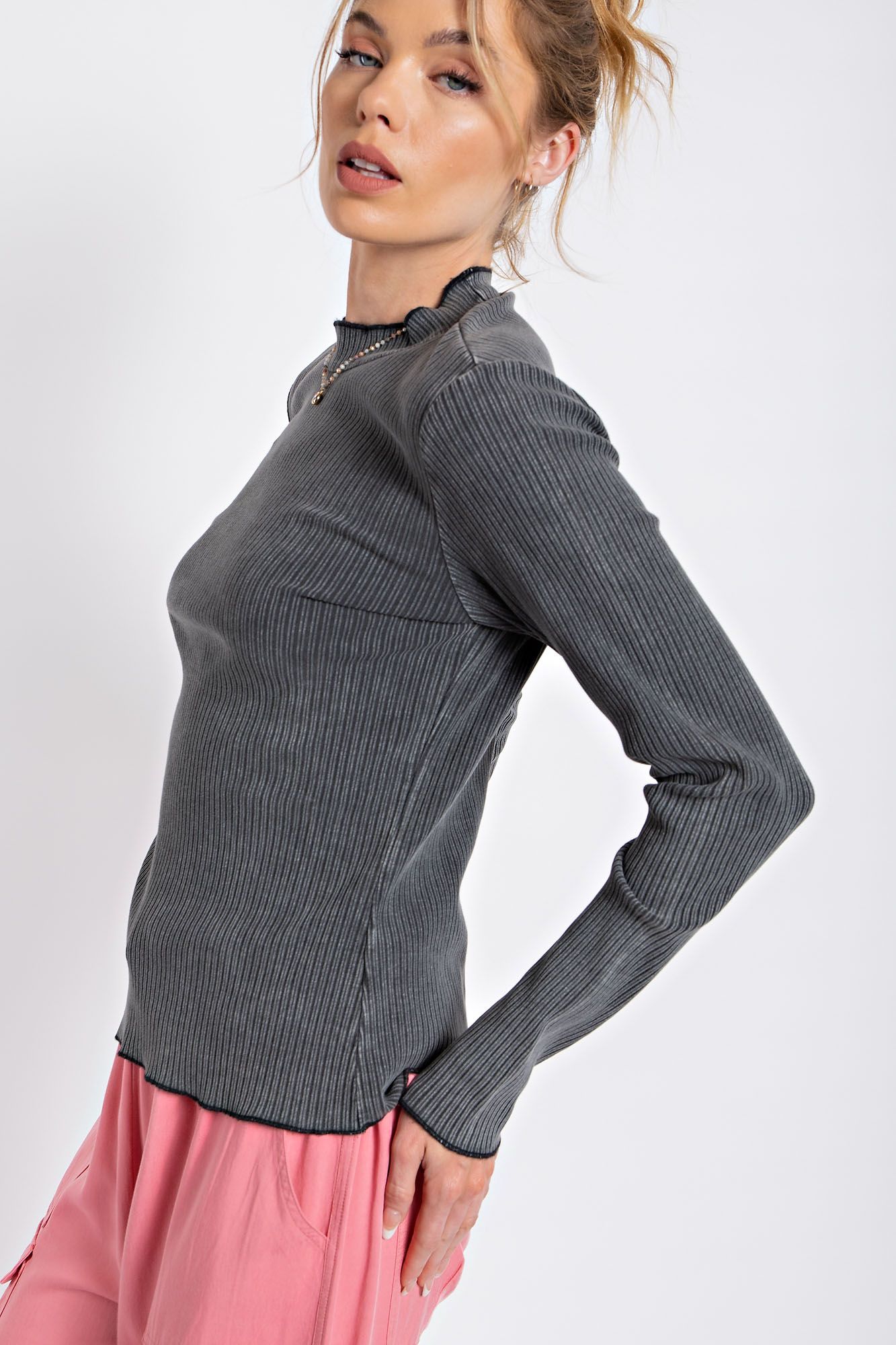 Easel Mineral Washed Rib Knit Mock Neck Lettuce Trim Edge Fitted Slim Top - Roulhac Fashion Boutique