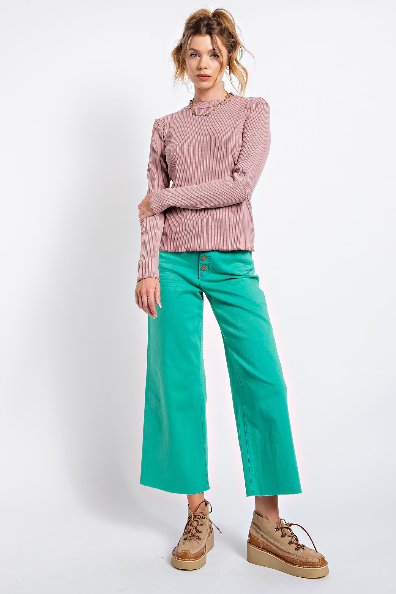 Easel Mineral Washed Rib Knit Mock Neck Lettuce Trim Edge Fitted Slim Top - Roulhac Fashion Boutique