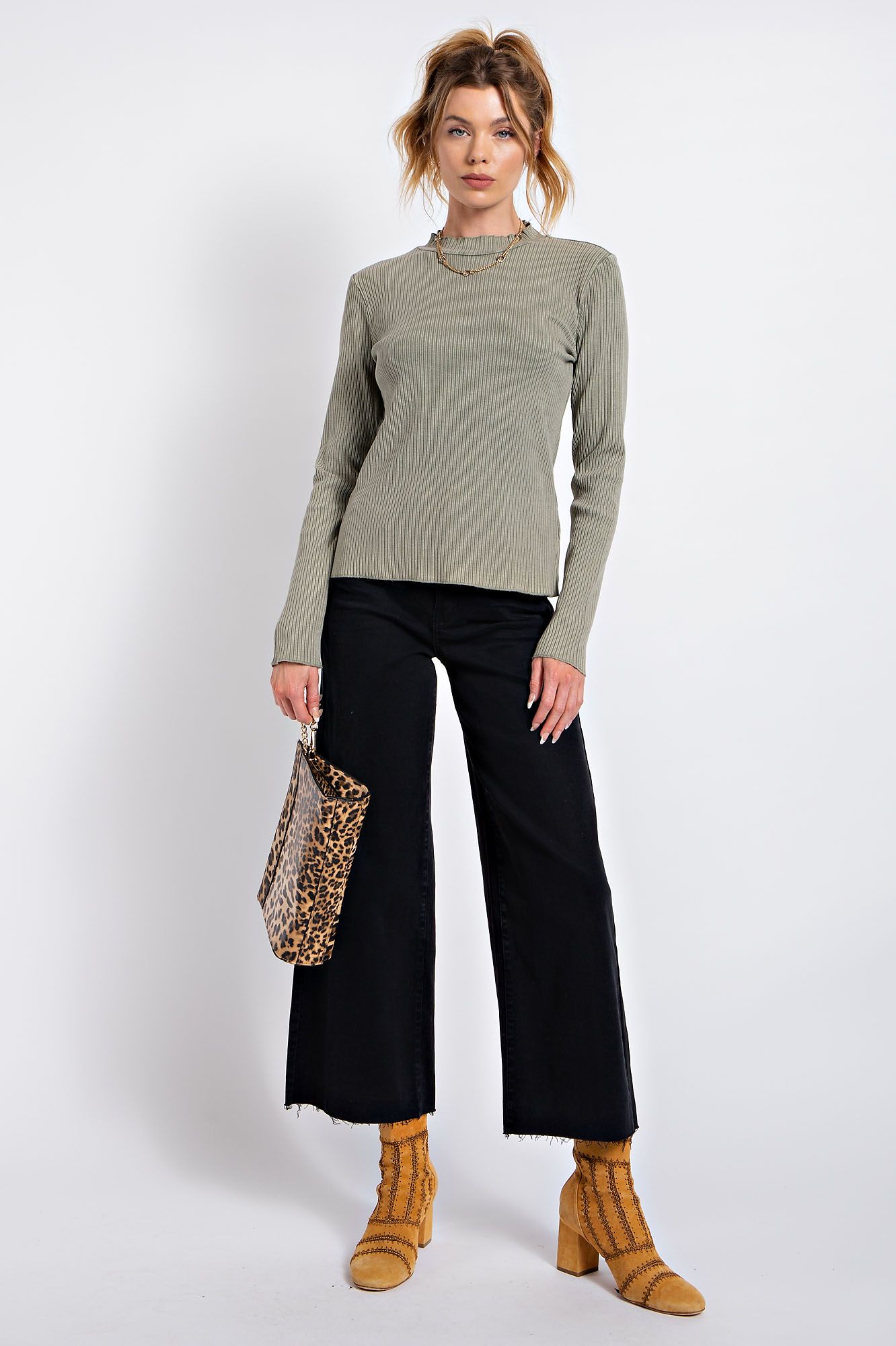 Easel Mineral Washed Rib Knit Mock Neck Lettuce Trim Edge Fitted Slim Top