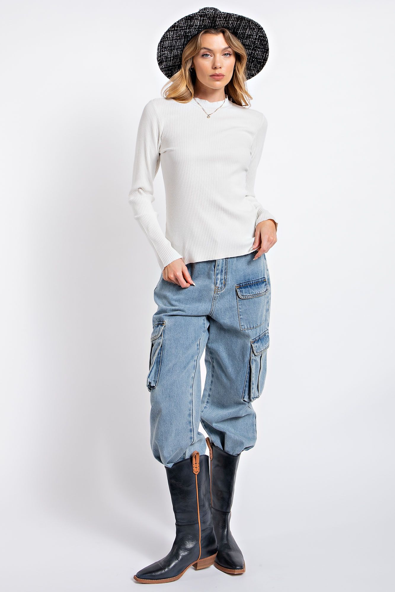 Easel Mineral Washed Rib Knit Mock Neck Lettuce Trim Edge Fitted Slim Top