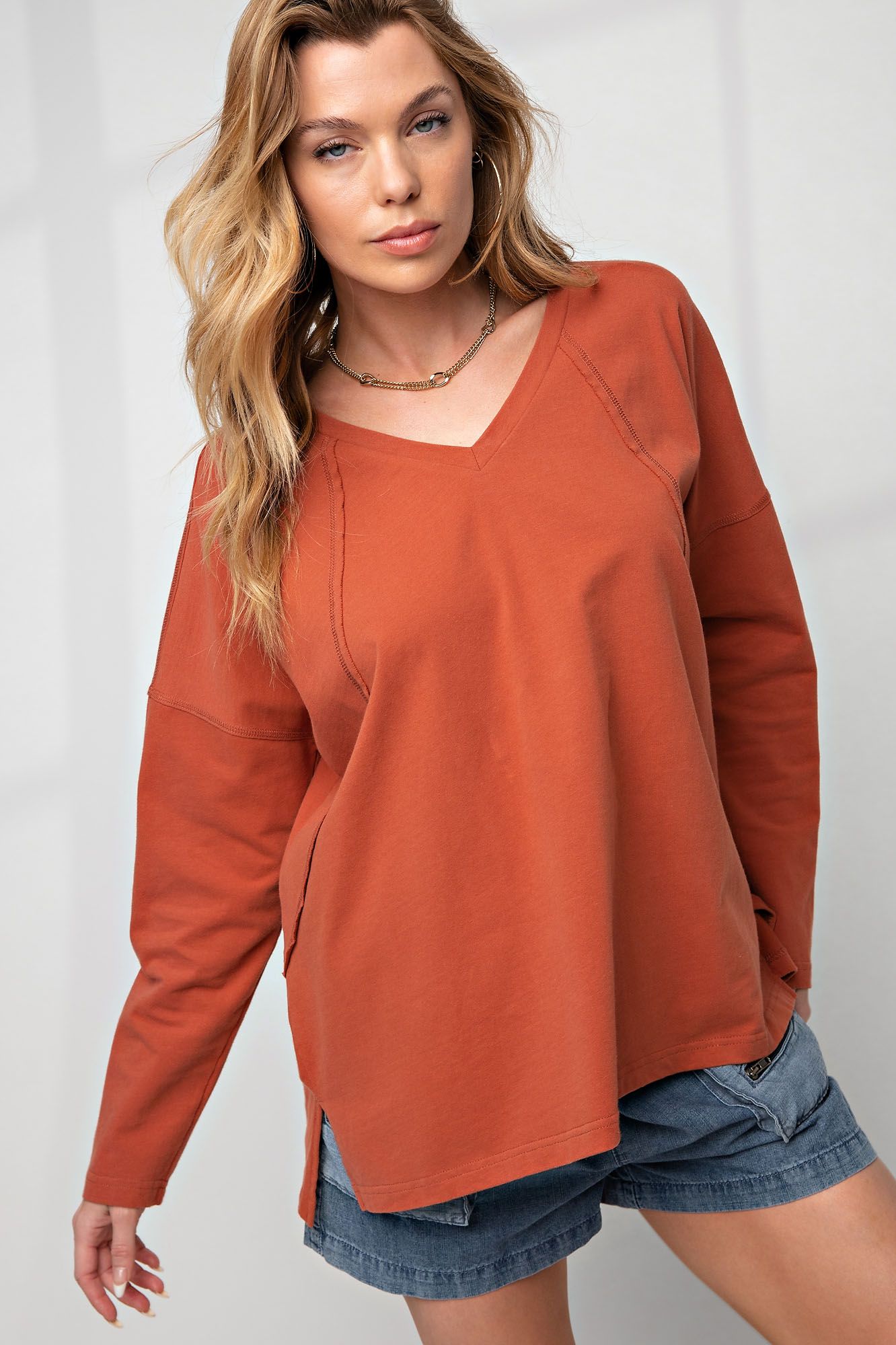 Easel Exposed Seam Long Sleeve Cotton Jersey Boxy Knit Oversized Top - Roulhac Fashion Boutique