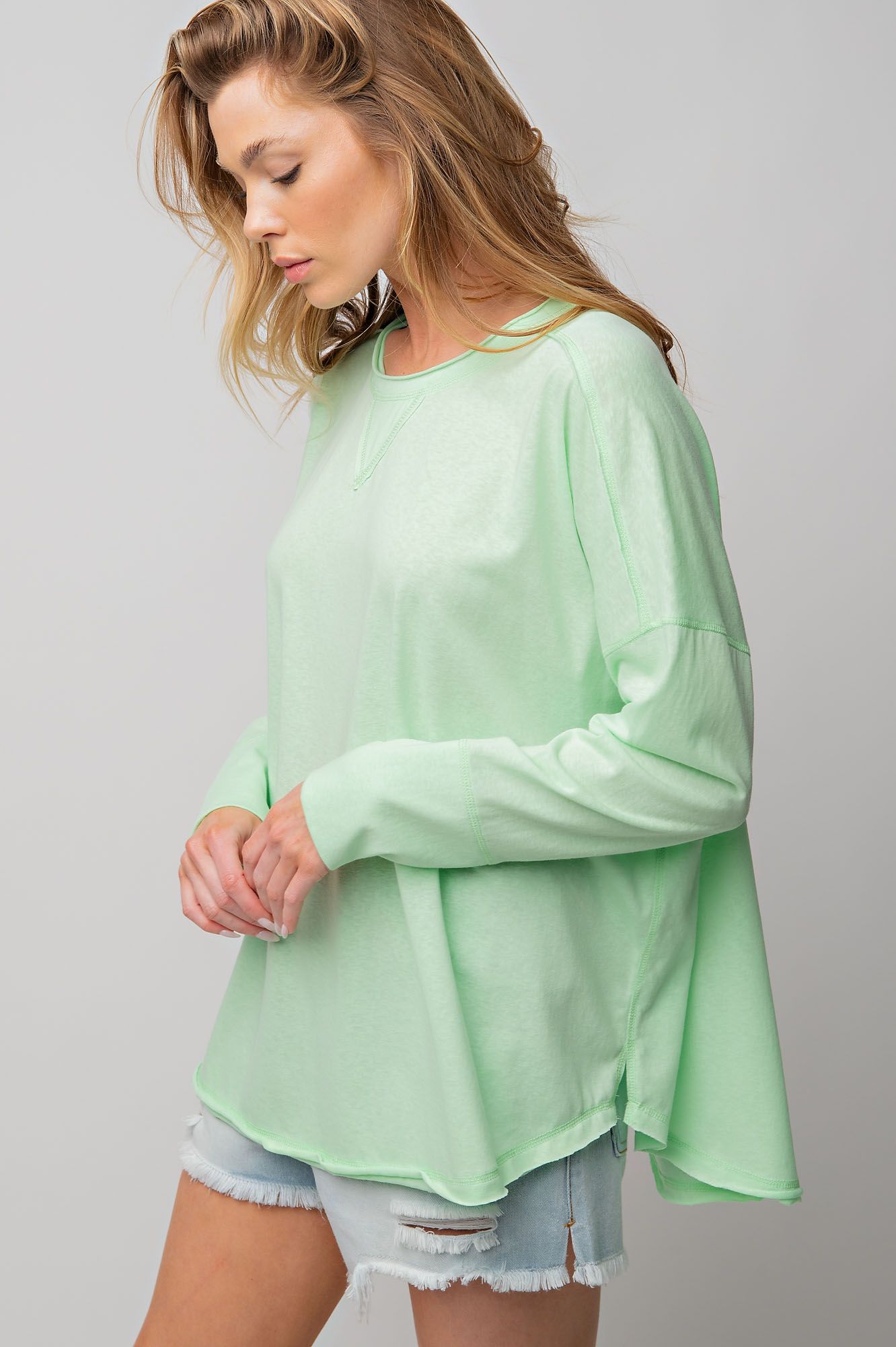 Easel Cotton Jersey Exposed Seam Raw Double Hem Loose Fit Tunic Top - Roulhac Fashion Boutique
