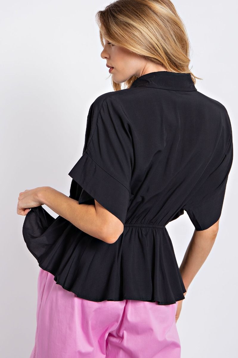 Easel Challis Button Down Collared Neck Ruffled Bottompeplum Top - Roulhac Fashion Boutique