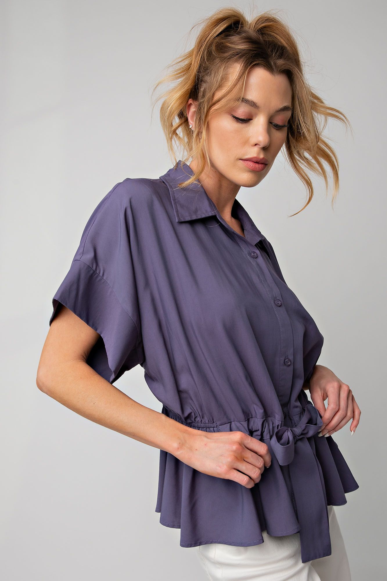 Easel Challis Button Down Collared Neck Ruffled Bottompeplum Top