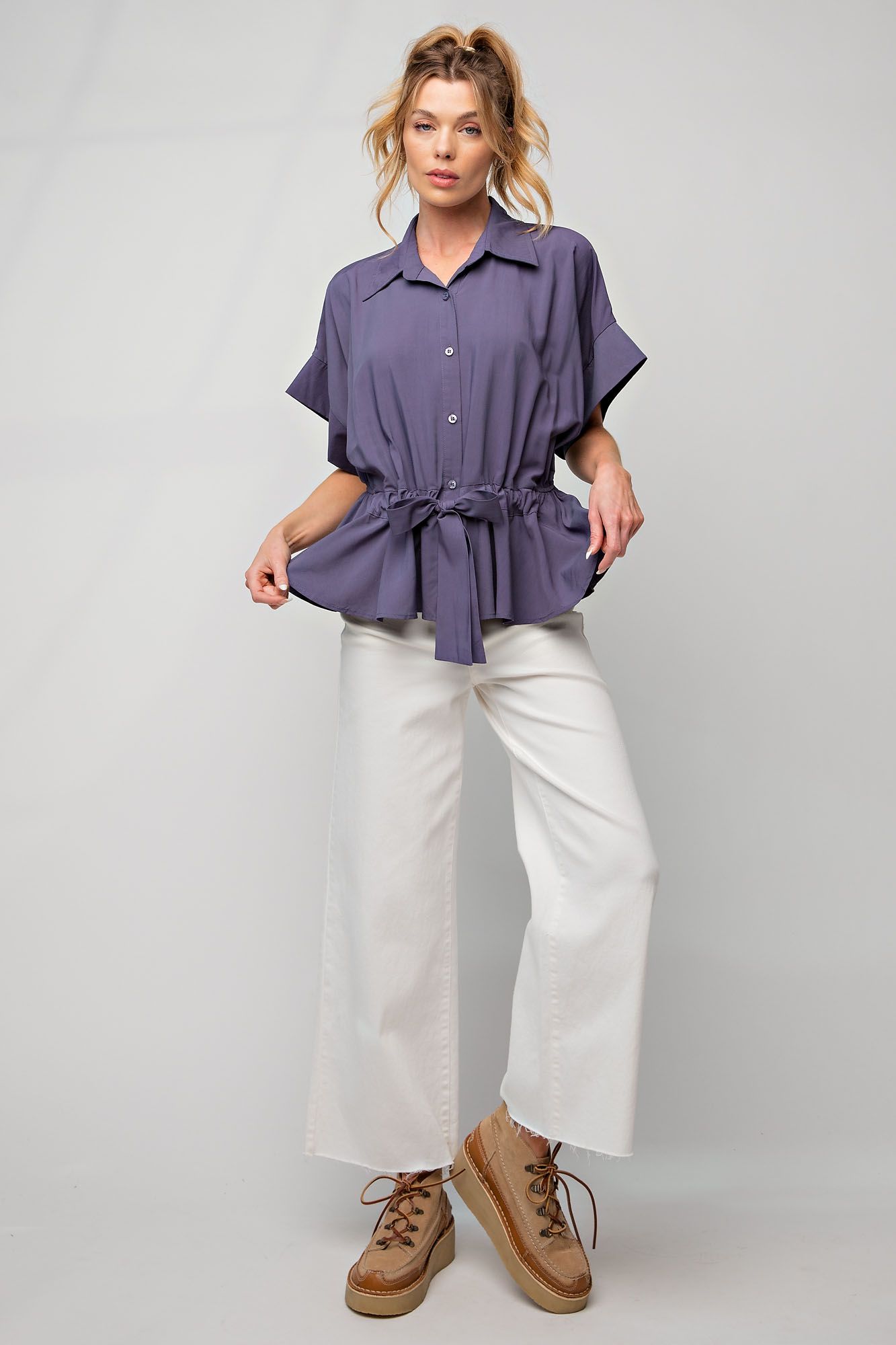 Easel Challis Button Down Collared Neck Ruffled Bottompeplum Top