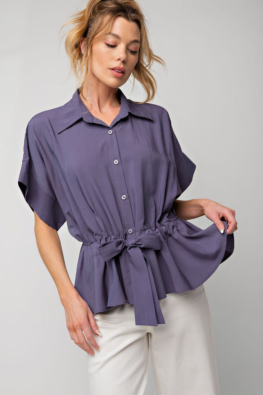 Easel Challis Button Down Collared Neck Ruffled Bottompeplum Top