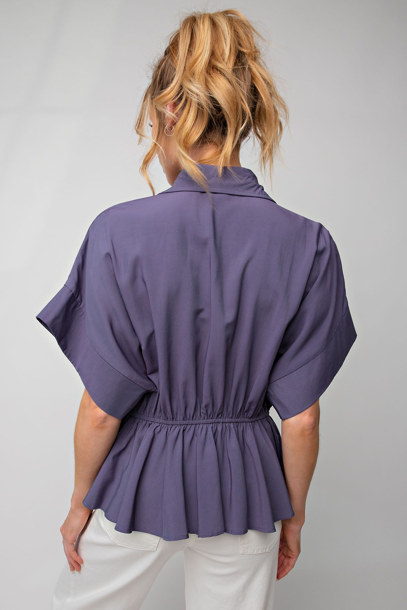 Easel Challis Button Down Collared Neck Ruffled Bottompeplum Top