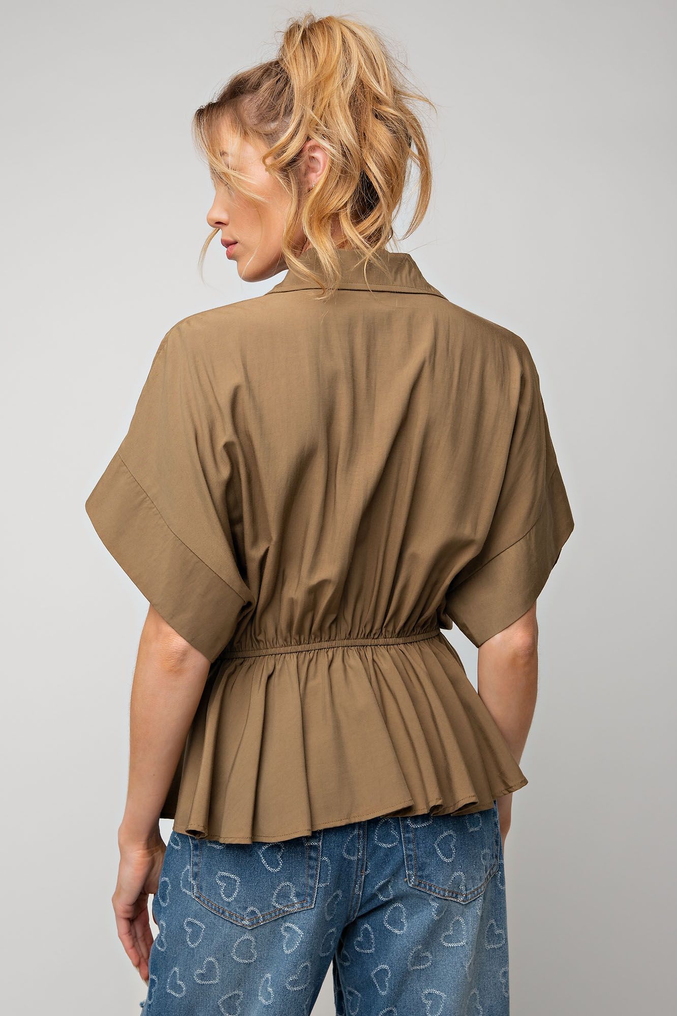 Easel Challis Button Down Collared Neck Ruffled Bottompeplum Top