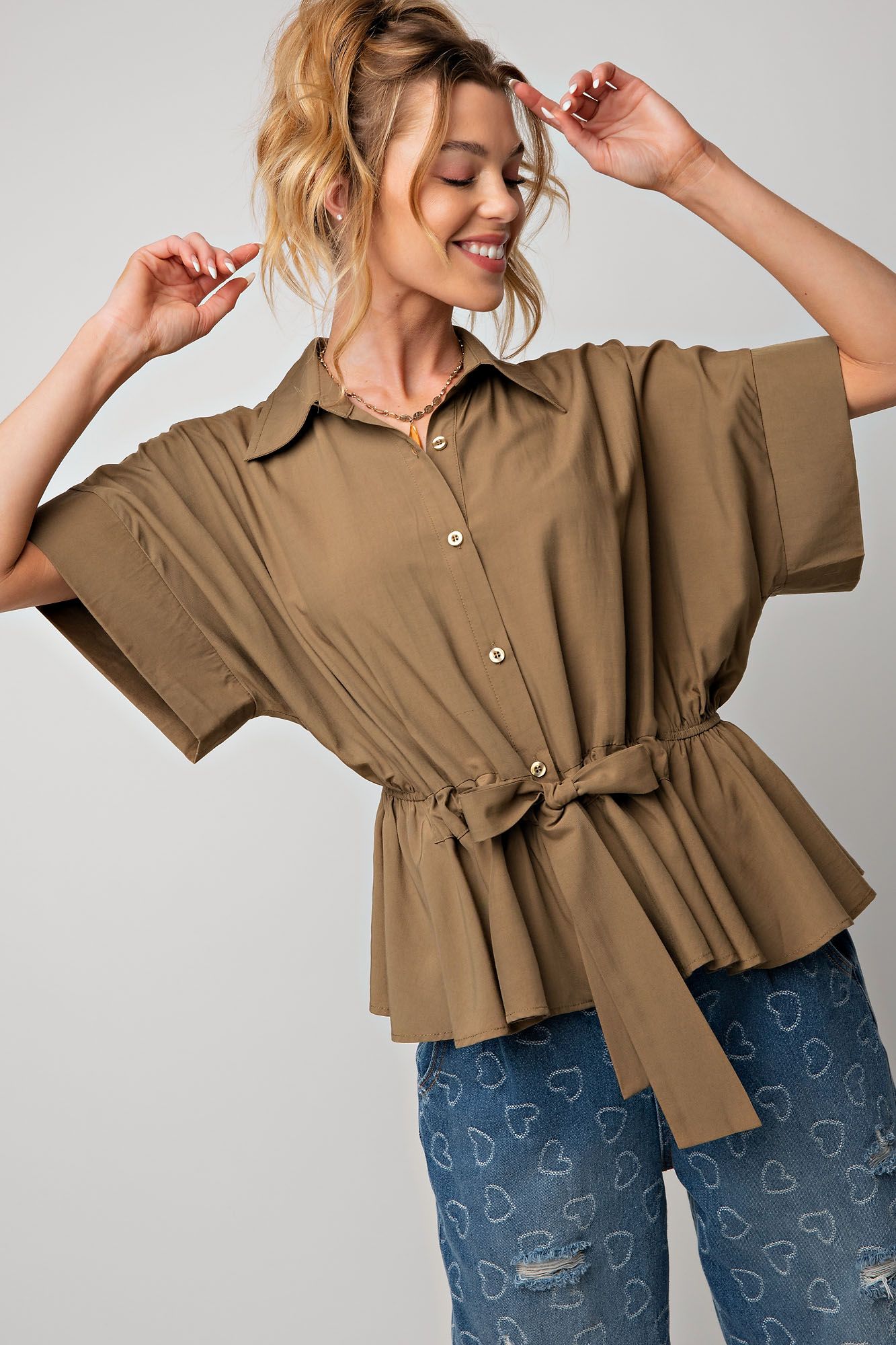 Easel Challis Button Down Collared Neck Ruffled Bottompeplum Top