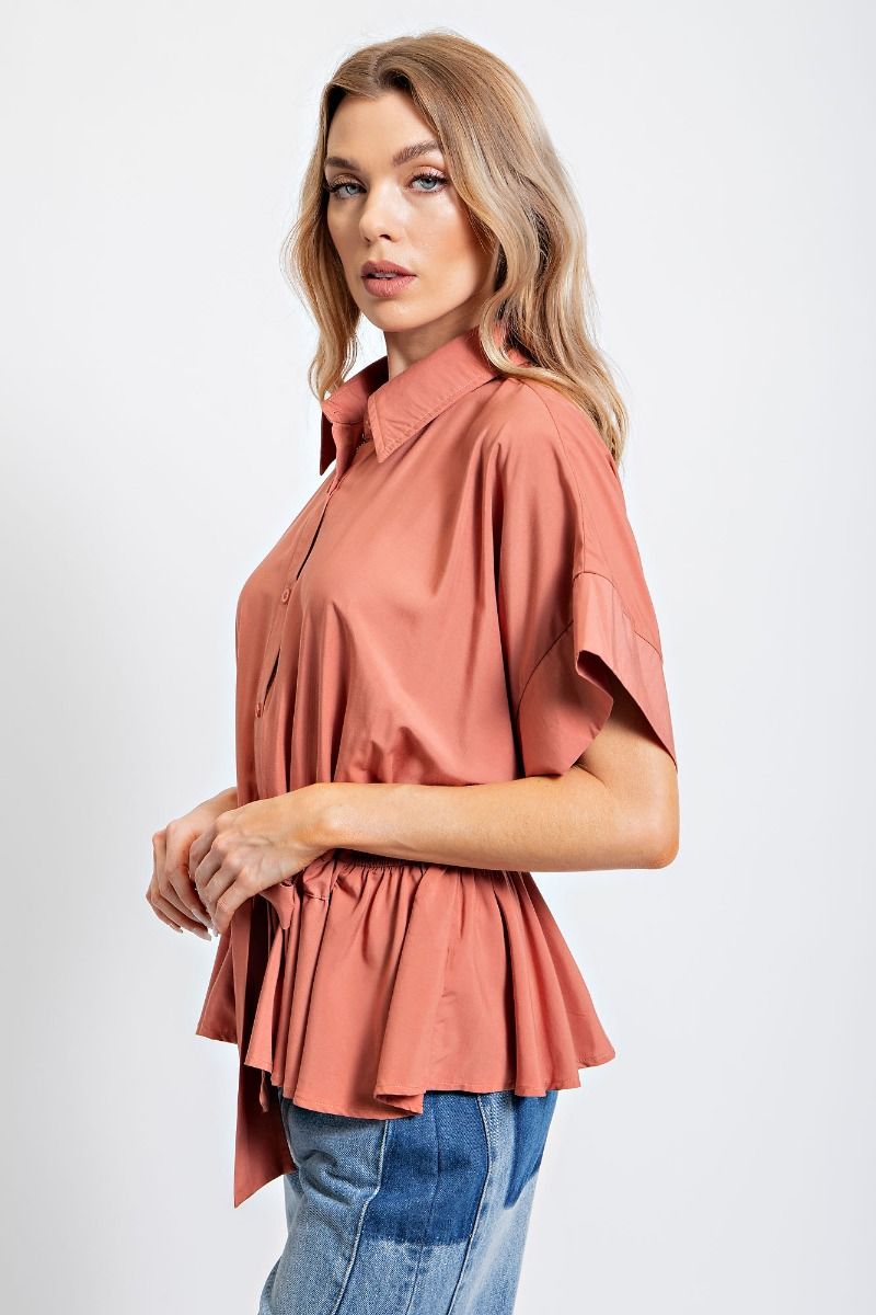 Easel Challis Button Down Collared Neck Ruffled Bottompeplum Top - Roulhac Fashion Boutique
