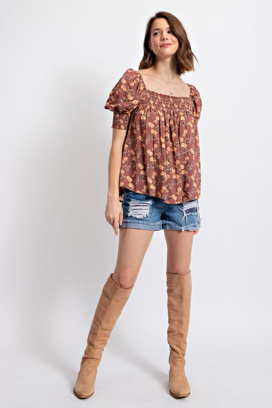 Easel Floral Print Smocked Cuffs Square Neck Cotton Gauze Pleated Top - Roulhac Fashion Boutique