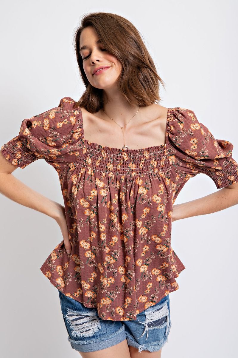 Easel Floral Print Smocked Cuffs Square Neck Cotton Gauze Pleated Top - Roulhac Fashion Boutique