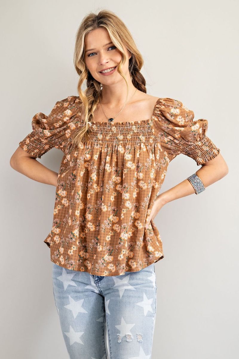 Easel Floral Print Smocked Cuffs Square Neck Cotton Gauze Pleated Top - Roulhac Fashion Boutique