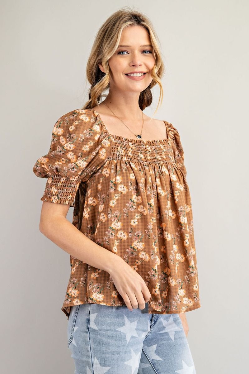 Easel Floral Print Smocked Cuffs Square Neck Cotton Gauze Pleated Top - Roulhac Fashion Boutique