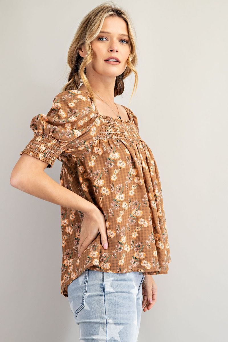 Easel Floral Print Smocked Cuffs Square Neck Cotton Gauze Pleated Top - Roulhac Fashion Boutique