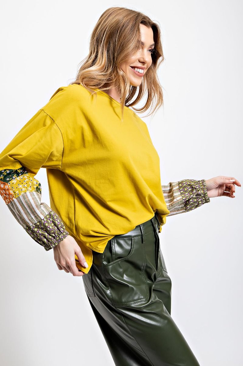 Easel Cotton Jersey Patchworks Rounded Neckline Loose Fit Boxy Top - Roulhac Fashion Boutique