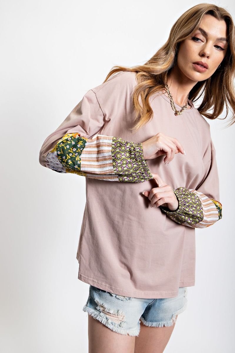 Easel Cotton Jersey Patchworks Rounded Neckline Loose Fit Boxy Top - Roulhac Fashion Boutique