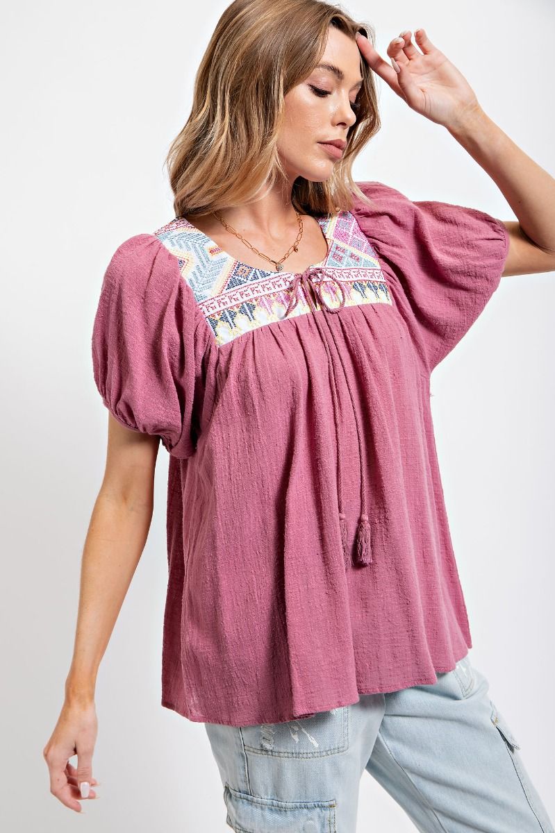 Easel Cotton Gauze Pleated Ethnic Patch Detailing Rounded Neck Top - Roulhac Fashion Boutique