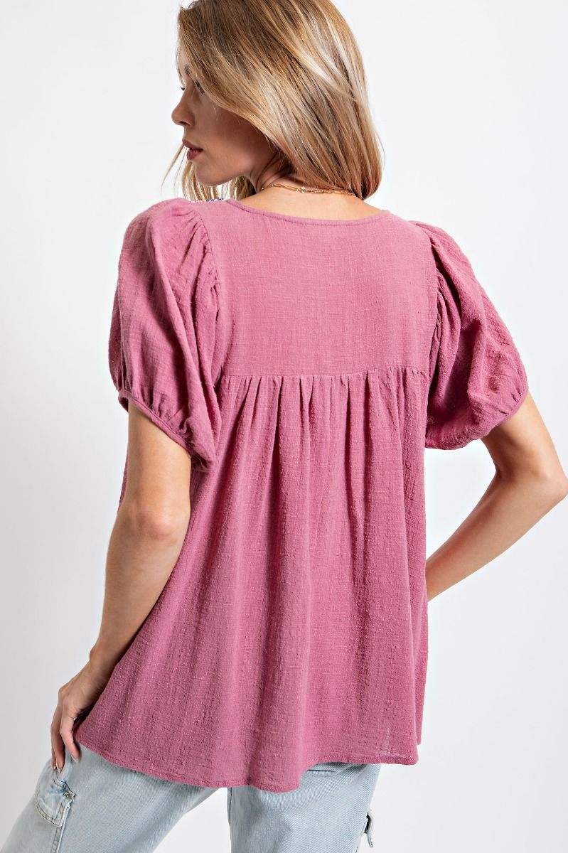 Easel Cotton Gauze Pleated Ethnic Patch Detailing Rounded Neck Top - Roulhac Fashion Boutique