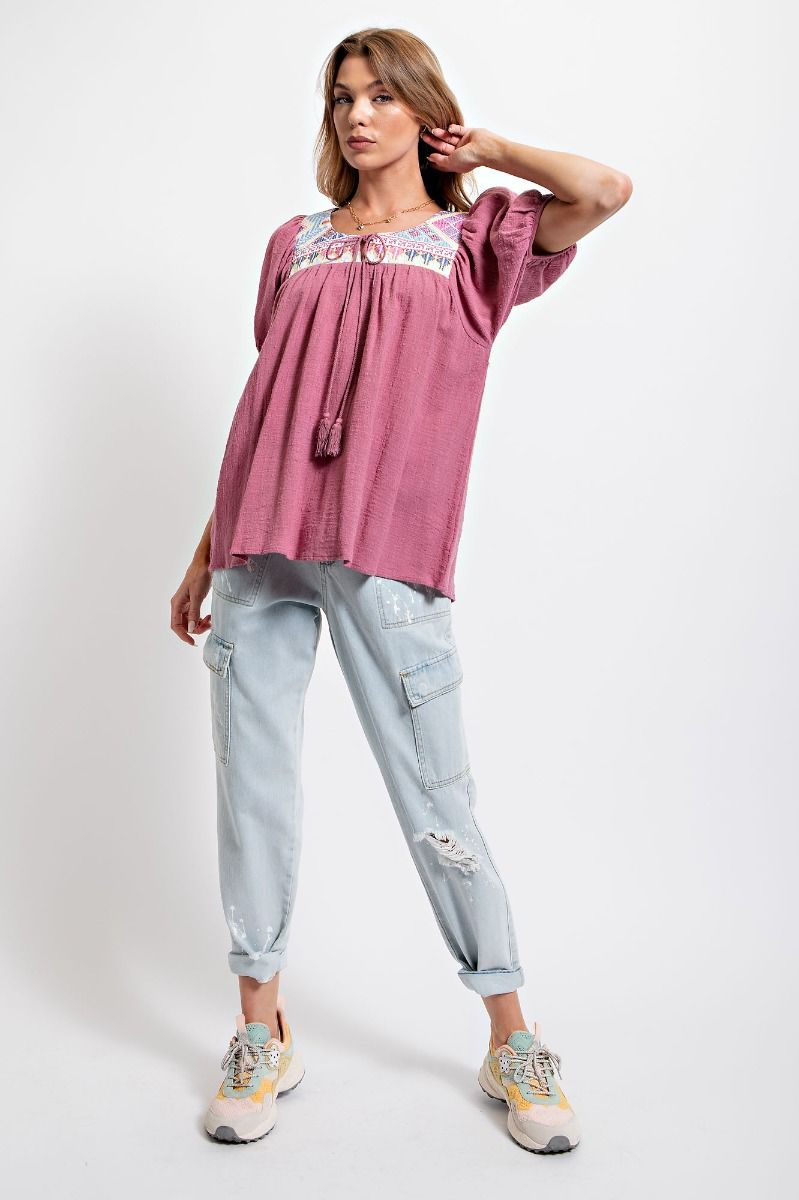 Easel Cotton Gauze Pleated Ethnic Patch Detailing Rounded Neck Top - Roulhac Fashion Boutique