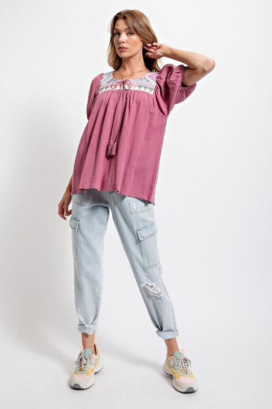 Easel Cotton Gauze Pleated Ethnic Patch Detailing Rounded Neck Top - Roulhac Fashion Boutique