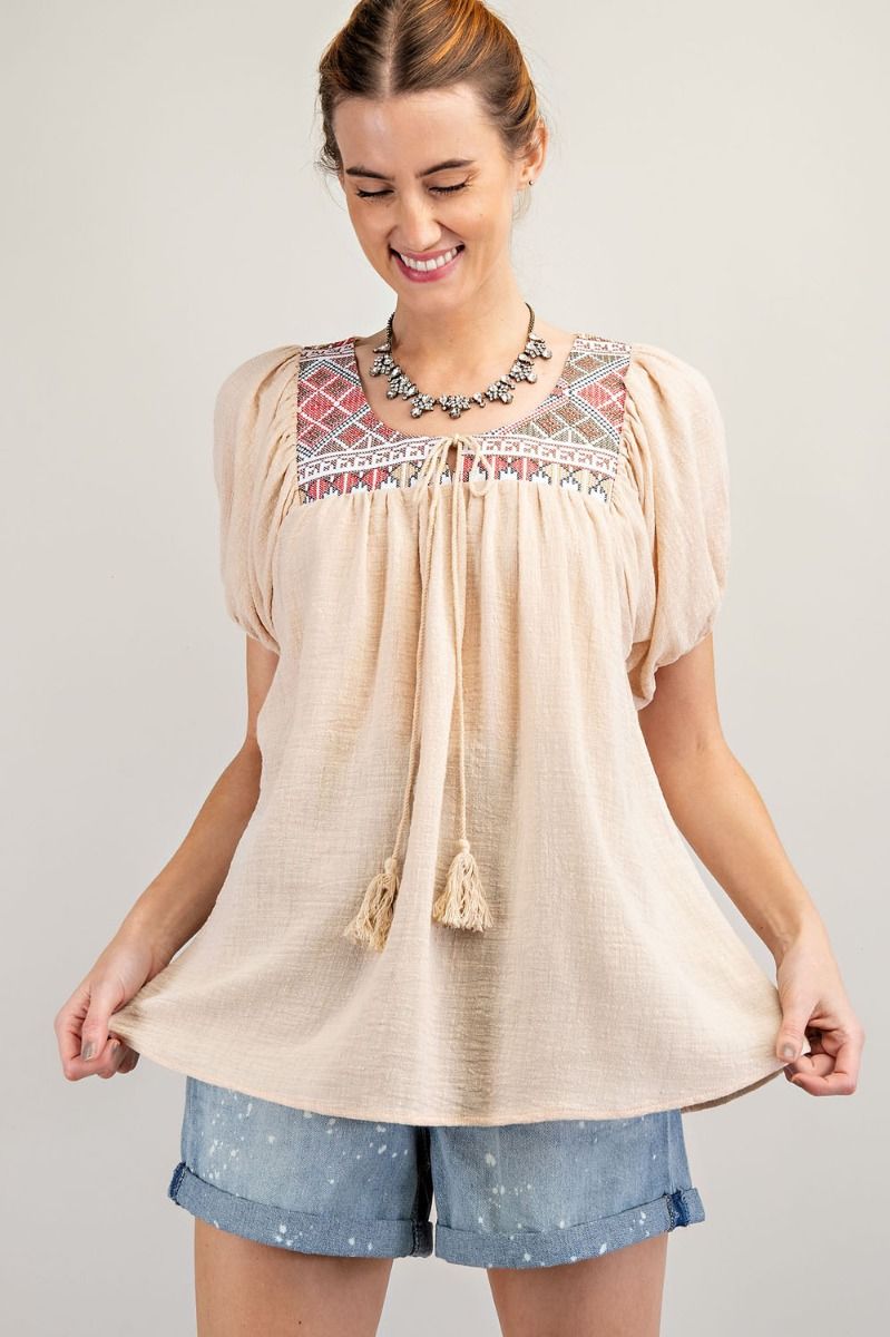 Easel Cotton Gauze Pleated Ethnic Patch Detailing Rounded Neck Top - Roulhac Fashion Boutique