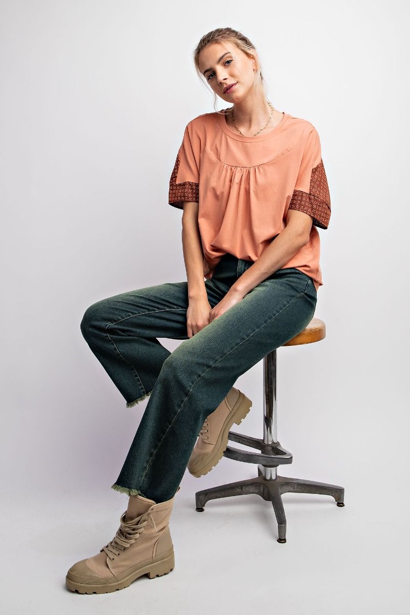 Easel Cotton Jersey Rounded Neck Slightly Pleated Boxy Loose Fit Top - Roulhac Fashion Boutique