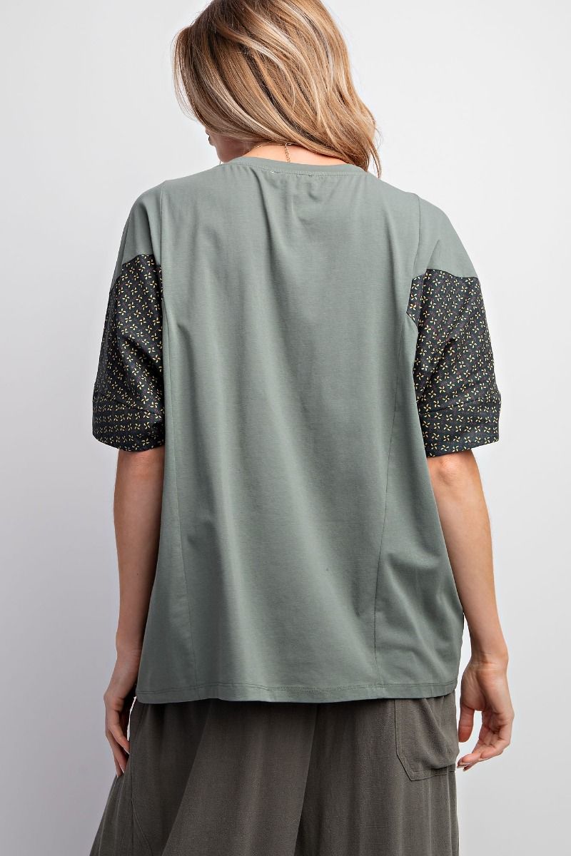 Easel Cotton Jersey Rounded Neck Slightly Pleated Boxy Loose Fit Top