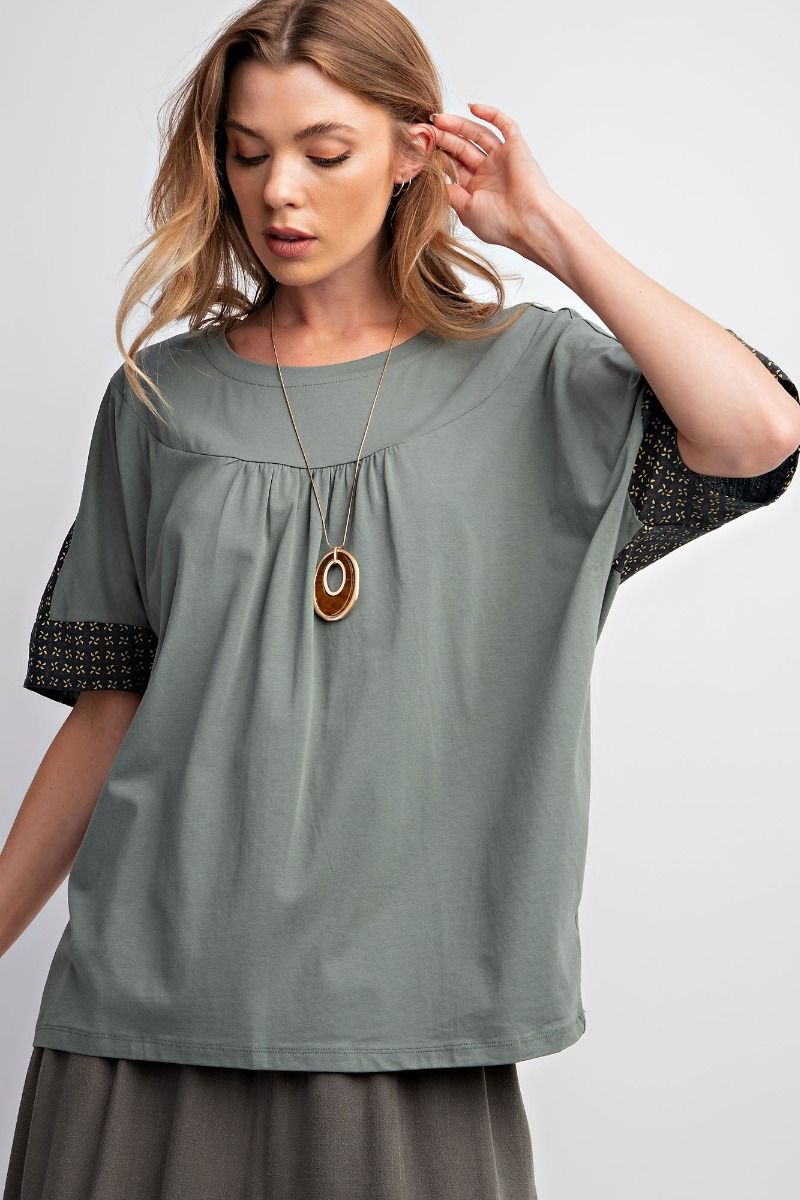Easel Cotton Jersey Rounded Neck Slightly Pleated Boxy Loose Fit Top